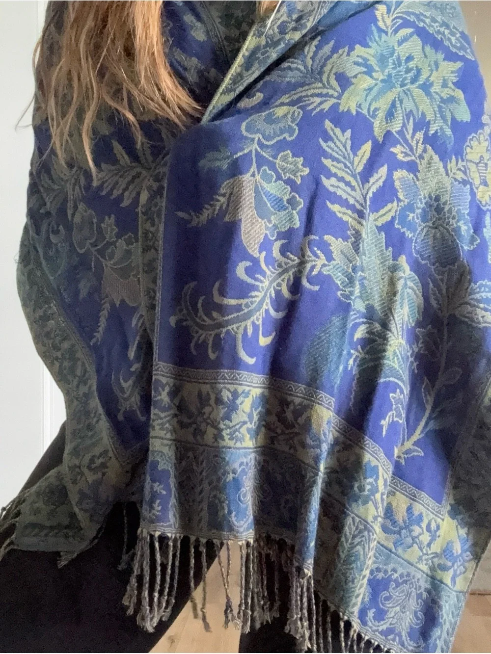 Blue Green Shawl Wrap Scarf Fringe Paisley Jacquard Pashmina Hijab